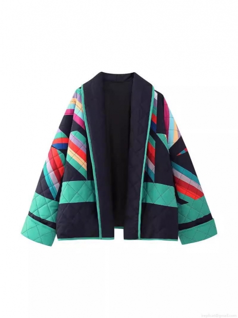 Women's Streetwear Quilted Padded Jacket Geometric Print Color Block Open Front V-Neck Loose Outerwear Autumn Winter Casual Polyester Coat