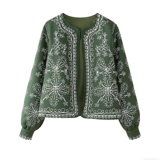 Women's Ethnic Geometric Embroidered Cotton-Padded Jacket Vintage Round Neck Single Breasted Long Sleeve Warm Puffer Outerwear Autumn Winter Streetwear