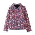 Women Floral Print Quilted Jacket Long Sleeve Lapel Button Down Puffer Coat With Patch Pockets Pink Flowers Contrast Binding Outerwear