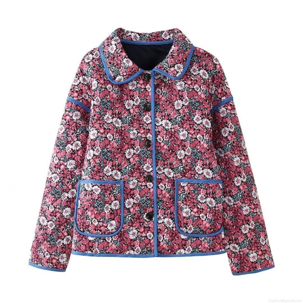 Women Floral Print Quilted Jacket Long Sleeve Lapel Button Down Puffer Coat With Patch Pockets Pink Flowers Contrast Binding Outerwear