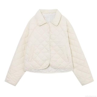 Women's Rhombic Quilted Jacket Polyester Padded Short Outerwear Single Breasted Lapel Collar Warm Cotton Coat For Casual Streetwear Autumn Winter