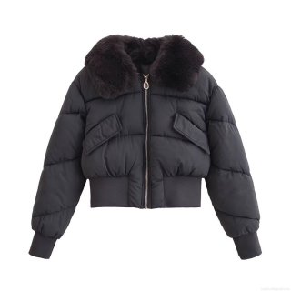 Women's Short Puffer Jacket With Detachable Faux Fur Collar Long Sleeve Quilted Cotton Padded Outerwear Windproof Winter Coat For Ladies Streetwear