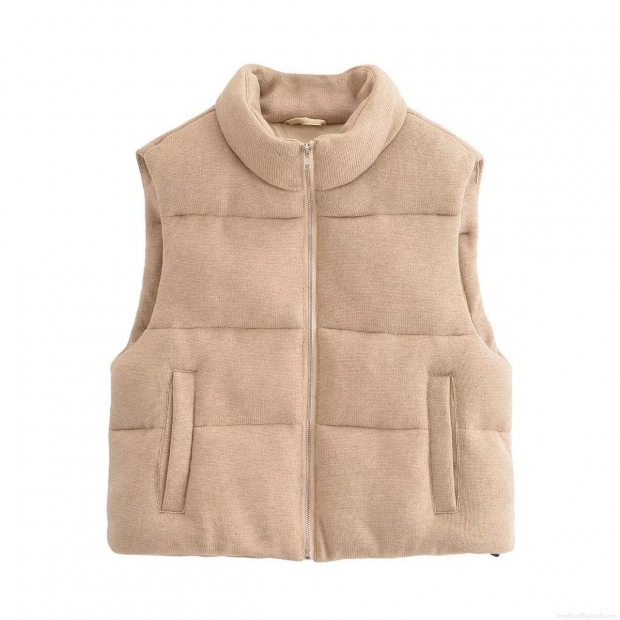 Women's Winter Knitted Puffer Vest Stand Collar Sleeveless Zip Up Padded Jacket Solid Color Warm Casual Quilted Waistcoat Outwear Beige