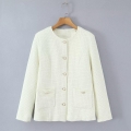 Women's Elegant Creamy White Tweed Jacket Padded Cotton Coat With Pearl Buttons Round Neck Long Sleeve Winter Outerwear Quilted Lining Warm Puffer Jacket For Women