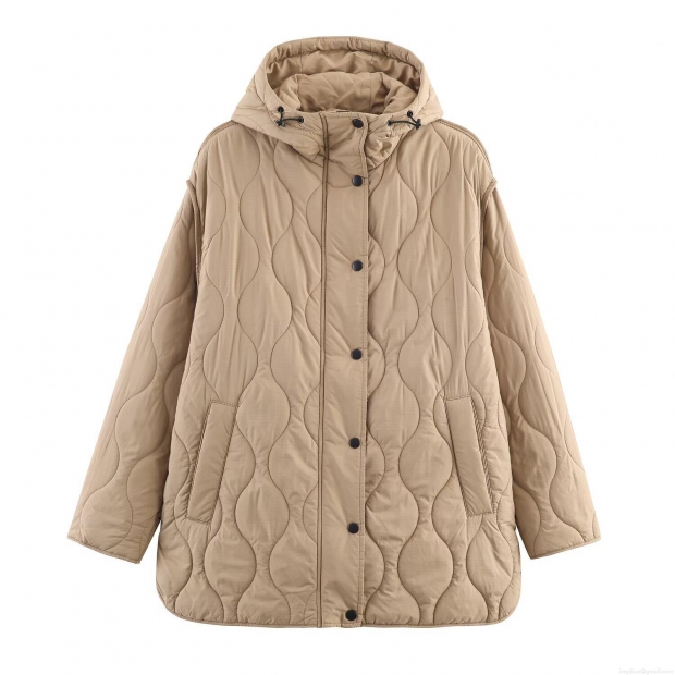 Women's Khaki Hooded Quilted Jacket Loose Fit Mid-Length Warm Winter Puffer Coat With Snap Buttons And Zipper Solid Color Streetwear Padded Outerwear