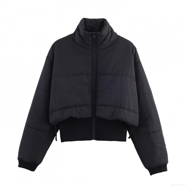 Women's Short Puffer Jacket Stand Collar Solid Black Quilted Padded Coat With Polyester Fiber Fill Warm Winter Outwear Streetwear Zip Up Jacket For Women