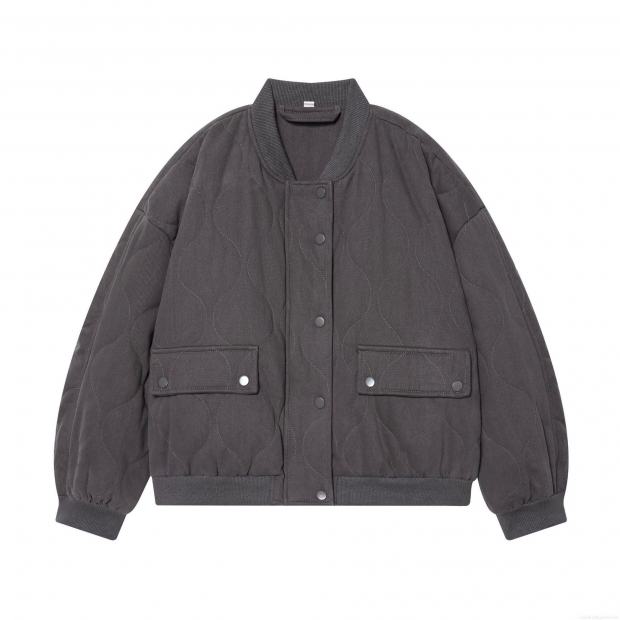 Women's Loose Quilted Puffer Jacket Polyester Wave Pattern Padded Baseball Jacket Double Pockets Winter Warm Outerwear Streetwear Casual Coat