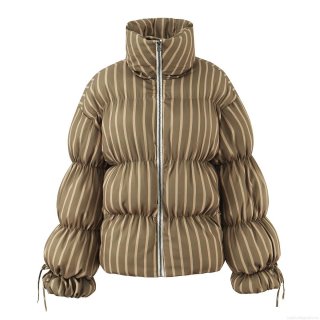 Women's Winter Striped Polyester Padded Puffer Jacket With Stand Collar Long Sleeve Quilted Warm Casual Streetwear Coat Outwear For Women