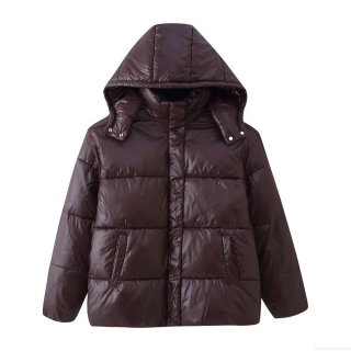 Women's Shiny Puffer Coat Winter Warm Quilted Hooded Jacket Loose Fit Dark Brown Padded Parka Outwear For Daily Casual Wear Windproof Thick Coat
