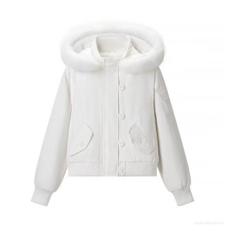 Women's Winter Casual Hooded Cotton Padded Coat With Detachable Faux Fur Collar Short Warm Jacket Button Front Long Sleeve Outerwear