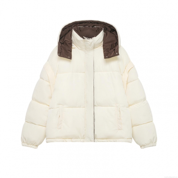 Women's Winter Contrast Hooded Puffer Jacket 100% Polyester Padded Coat Loose Fit Casual Warm Outerwear Windproof Zipper Button Closure For Ladies