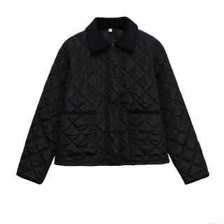 Women's Casual Quilted Cotton Padded Jacket With Corduroy Collar Black Rhombus Pattern Loose Fit Warm Button Down Coat Outerwear For Women