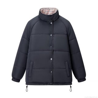 Women's Reversible Padded Jacket Stand Collar Plaid Solid Color Winter Warm Cotton Padded Coat With Snap Buttons Drawstring Hem Fashion Casual Outerwear For Women