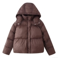 Women's Winter Puffer Jacket Hooded Short Cotton Padded Coat Quilted Warm Outwear With Metal Snaps Casual Solid Color Windproof Jacket For Women
