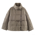 Women's Casual Short Quilted Cotton Padded Jacket With Waist Belt Long Sleeve Stand Collar Solid Color Winter Outwear Coat For Lady