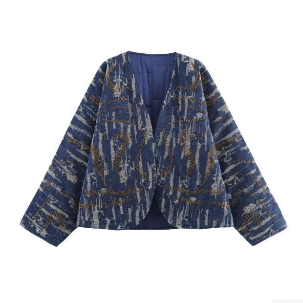 Women's Kimono Style Beaded Denim Effect Quilted Jacket Vintage Embroidered Open Front Cotton Padded Coat For Autumn Casual Loose Long Sleeve Outerwear