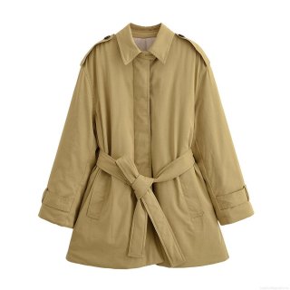 Women's Fashion Slim Fit Mid-Length Padded Trench Coat Jacket With Belt 100% Polyester Imitation Silk Cotton Lapel Outerwear Autumn Winter Casual Coat