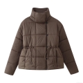 Women's Fashion Short Quilted Cotton Padded Jacket Retro Stand Collar Drawstring Waist Warm Puffer Coat Thick Winter Outerwear Casual Solid Color Top