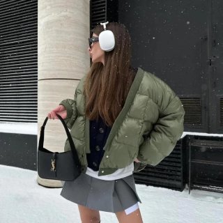Women's Winter Short Puffer Jacket Loose Quilted Cotton Padded Coat With Pockets Stand Collar Warm Outerwear For Casual Daily Wear Olive Green