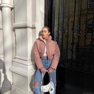 Women Fashion Short Puffer Jacket Stand Collar Long Sleeve Quilted Padded Coat Warm Zip Up Winter Outerwear Casual Pink Bubble Jacket