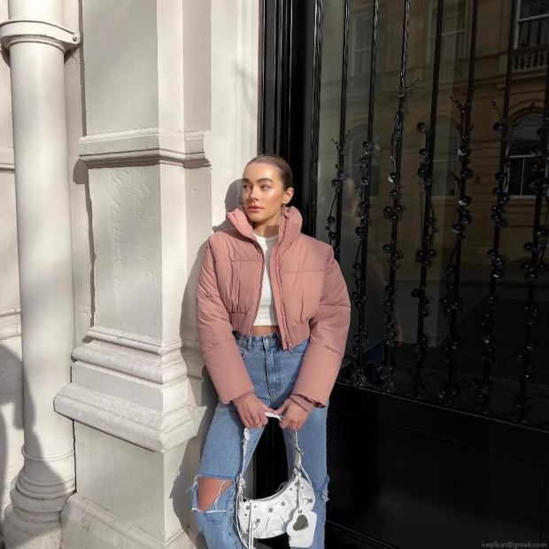 Women Fashion Short Puffer Jacket Stand Collar Long Sleeve Quilted Padded Coat Warm Zip Up Winter Outerwear Casual Pink Bubble Jacket