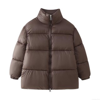 Women's Casual Oversized Quilted Puffer Jacket Stand Collar Winter Warm Padded Coat Polyester Cotton Blend Outerwear Coffee Brown Windproof Zip Up Padded Jacket