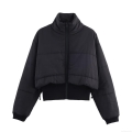 Women's Solid Black Cropped Puffer Jacket Stand Collar Quilted Cotton Padded Coat With Drawstring Hem Zipper Closure Winter Warm Outerwear For Women