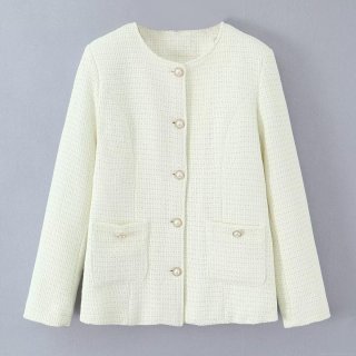 Women's Elegant Tweed Padded Jacket Vintage Round Neck Single Breasted Coat With Pearl Buttons Warm Woven Outerwear For Daily Date Lady