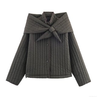 Women's Vintage Quilted Padded Jacket With Detachable Scarf Tie Collar Snap Button Long Sleeve Polyester Cotton Blend Winter Coat For Women