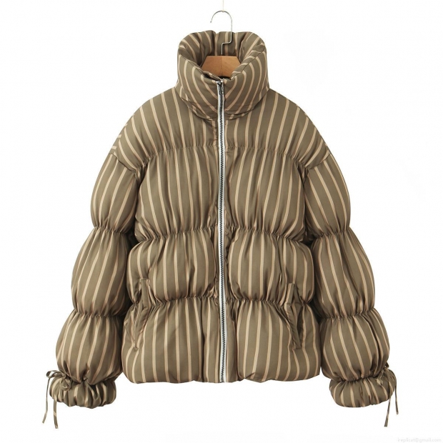 Women's Fashion Striped Cotton Padded Jacket Stand Collar Windproof Warm Puffer Coat Loose Casual Retro Ethnic Style Winter Outerwear For Ladies
