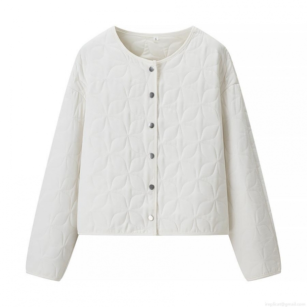 Women Round Neck Quilted Jacket Floral Geometric Pattern Lightweight Padded Coat With Metal Snap Buttons Long Sleeve 100% Polyester Outerwear For Autumn Winter