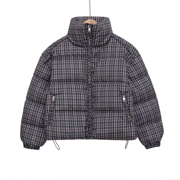 Women's Plaid Padded Jacket Vintage Grey Blue Checked Quilted Coat With Stand Collar Drawstring Hem Long Sleeve Winter Warm Outerwear For Women Streetwear
