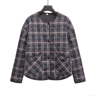 Women's Western Style Round Neck Quilted Plaid Jacket With Single Breasted Buttons Long Sleeve Polyester Outerwear Gray Pink White Warm Coat For Autumn Winter Streetwear