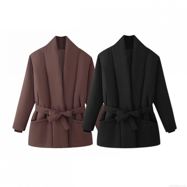 Women's Winter Puffer Cotton Jacket Belted Waist Solid Color Warm Parka Outerwear Streetwear Ladies Long Sleeve Deep Brown Coat