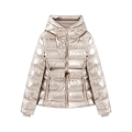 Women's Metallic Glossy Puffer Jacket With Belt Hooded Slim Fit Mid-Length Winter Cotton Padded Coat Outdoor Warm Outerwear For Women