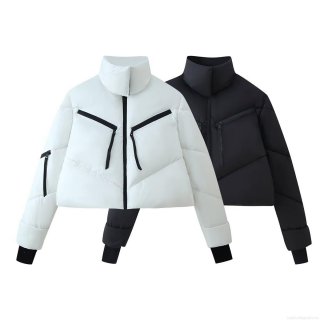 Women European Street Style Stand Collar Long Sleeve Cotton Padded Jacket Loose Fit Contrast Zipper Winter Warm Puffer Coat With Pockets