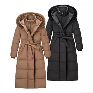 Women's Long Puffer Jacket Faux Fur Collar Hooded Warm Windproof Quilted Winter Coat For Ladies Solid Color Streetwear Outerwear With Waist Belt
