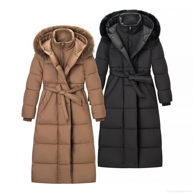 Women's Long Puffer Jacket Faux Fur Collar Hooded Warm Windproof Quilted Winter Coat For Ladies Solid Color Streetwear Outerwear With Waist Belt