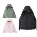 Women's Winter Oversized Padded Jacket Fashion Casual Detachable Hooded Cotton Coat Warm Windproof Short Parka Outerwear With Drawstring Hem