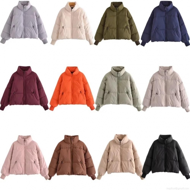Women's Short Puffer Jacket Stand Collar Zip Up Warm Cotton Padded Coat Windproof Streetwear Oversized Bread Jacket Outwear For Winter Casual Style