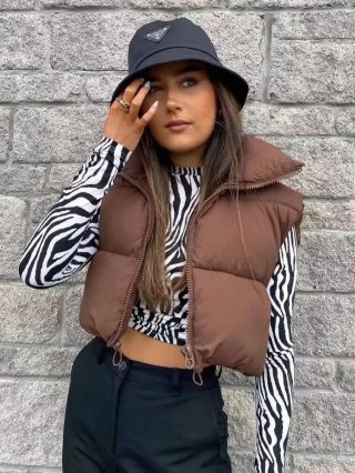 Women's Puffer Vest Polyester Padded Stand Collar Zipper Quilted Short Gilet For Outdoor Street Casual Autumn Winter