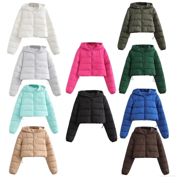 Women's Short Hooded Puffer Jacket Quilted Padded Parka Windproof Warm Winter Outwear With Zipper Drawstring Hem Slim Fit Solid Color Casual Coat