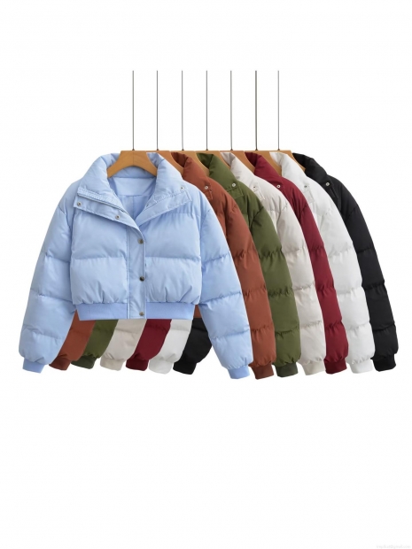 Women Winter Short Puffer Jacket Polyester Padded Coat Stand Collar Single-Breasted Zipper Quilted Outerwear Warm Windproof Bread Jacket For Ladies