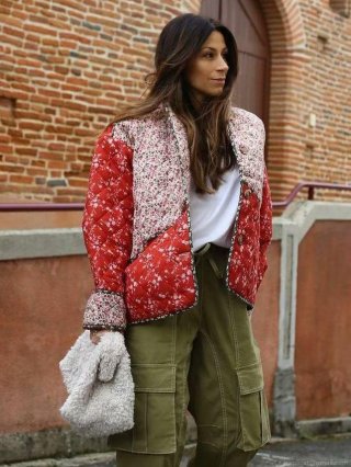 Women's Vintage Floral Print Quilted Jacket Patchwork Contrast Color Cotton Padded Coat Warm Winter Outerwear Ethnic Streetwear Style