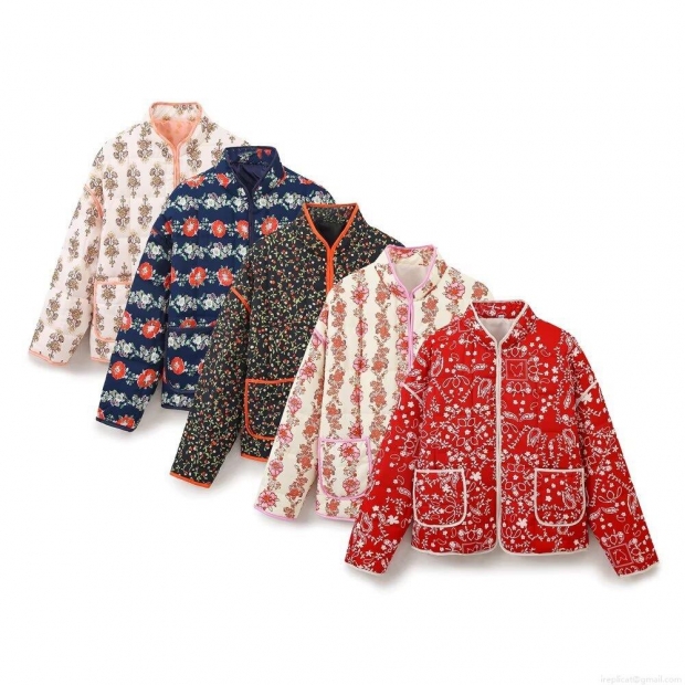 Women's Retro Floral Print Quilted Jacket Lightweight Stand Collar Puffer Coat Ethnic Style Casual Padded Outerwear With Pockets For Autumn Winter