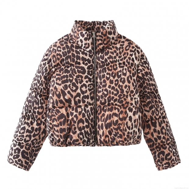 Women's Leopard Print Stand Collar Puffer Jacket Warm Zip Up Padded Coat Short Outerwear With Faux Silk Cotton Padding Fashion Streetwear For Autumn Winter