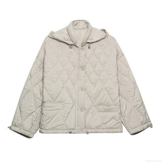 Women's Quilted Hooded Cotton Padded Jacket 100% Polyester Diamond Pattern Stand Collar Zipper Snap Button Outerwear For Winter Fashion