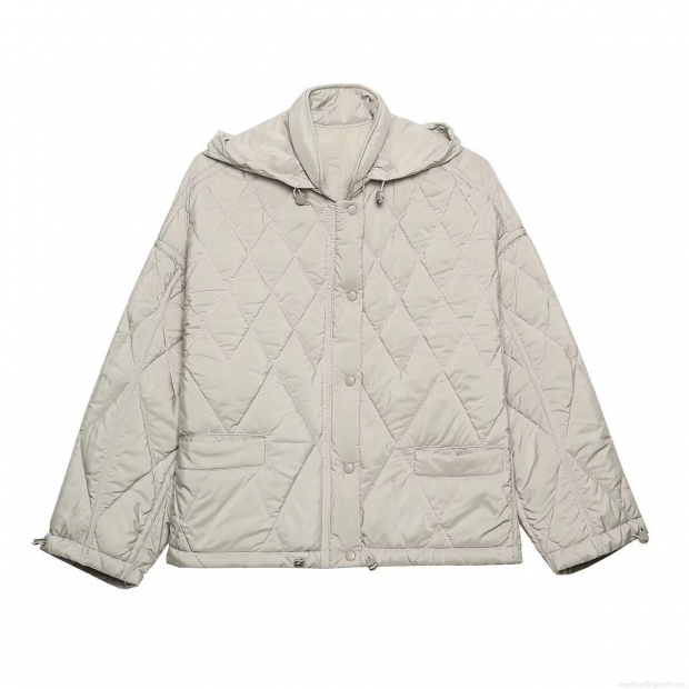 Women's Quilted Hooded Cotton Padded Jacket 100% Polyester Diamond Pattern Stand Collar Zipper Snap Button Outerwear For Winter Fashion