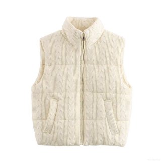 Women's Fashion Cable Knit Padded Vest Stand Collar Sleeveless Zip Up Puffer Gilet Solid Color Warm Waistcoat With Pockets Streetwear Outwear for Ladies