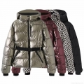 Women's Metallic Shiny Puffer Jacket Hooded Windproof Warm Winter Coat With Belt Slim Fit For Skiing Outdoor Streetwear